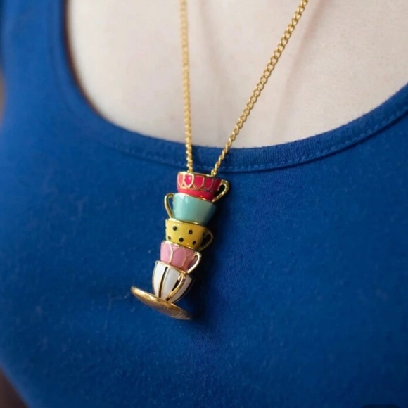 Teacup metal beads jewelry gold tea cup saucer charm pendant Kate Spade necklace - Picture 8 of 8